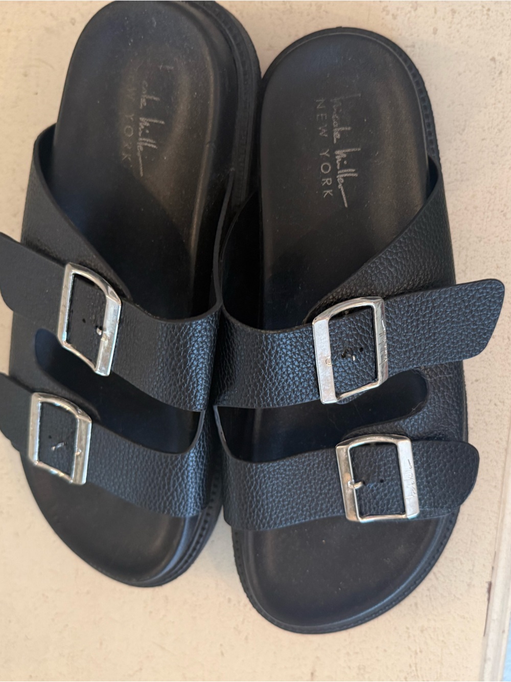 Nicole Miller Black Double-Buckle Slide Sandals